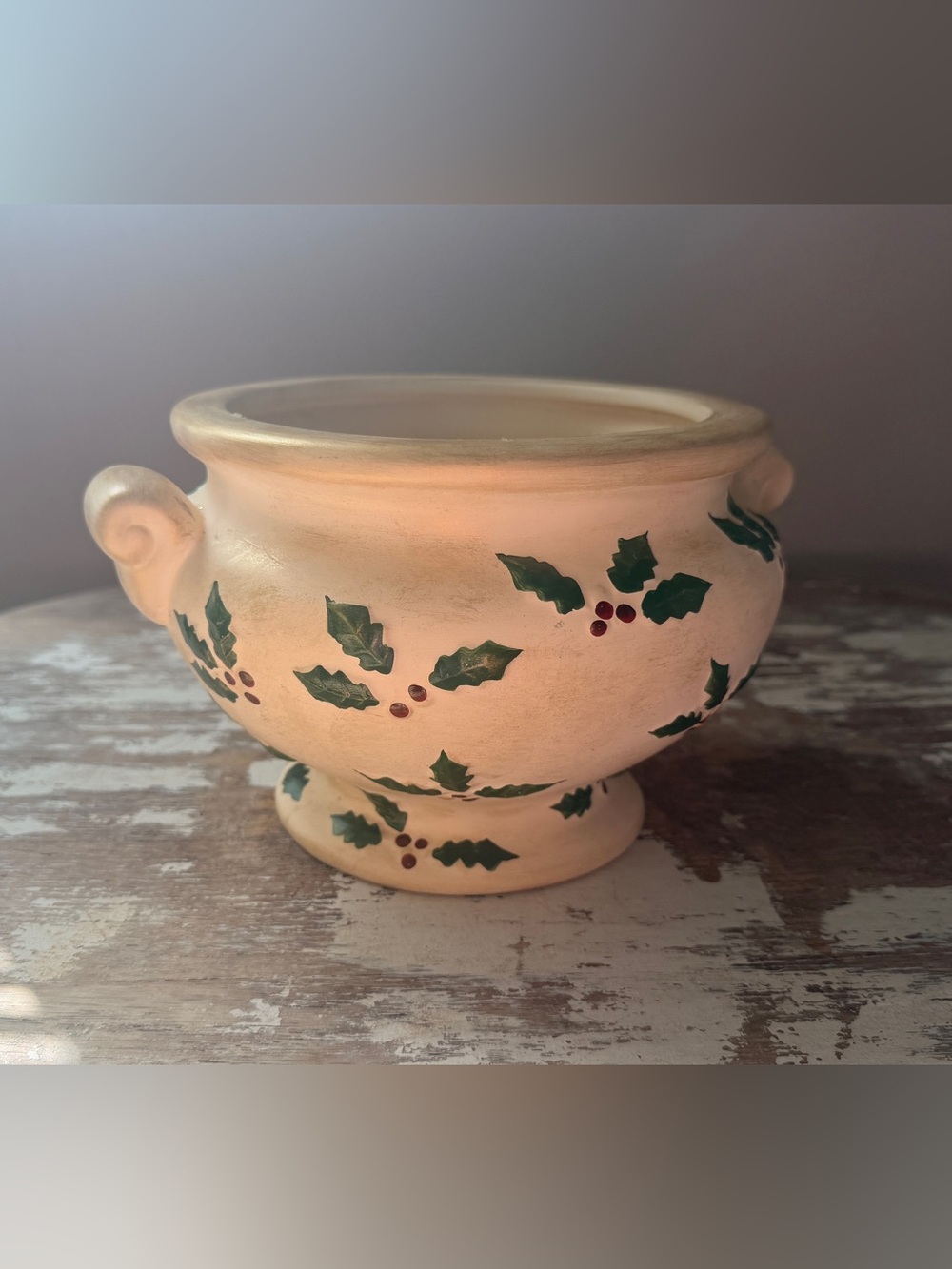 FTD Inc Holiday Holly Ceramic Footed Bowl - Cream with Green and Red Accents